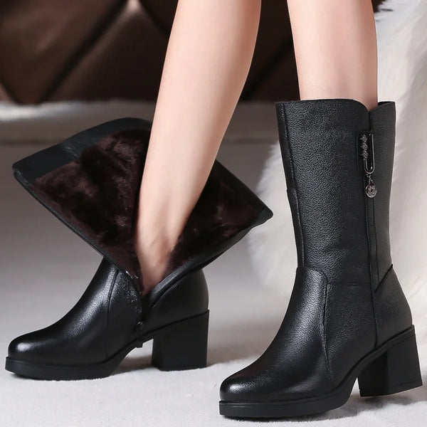 Genuine leather mid calf boots