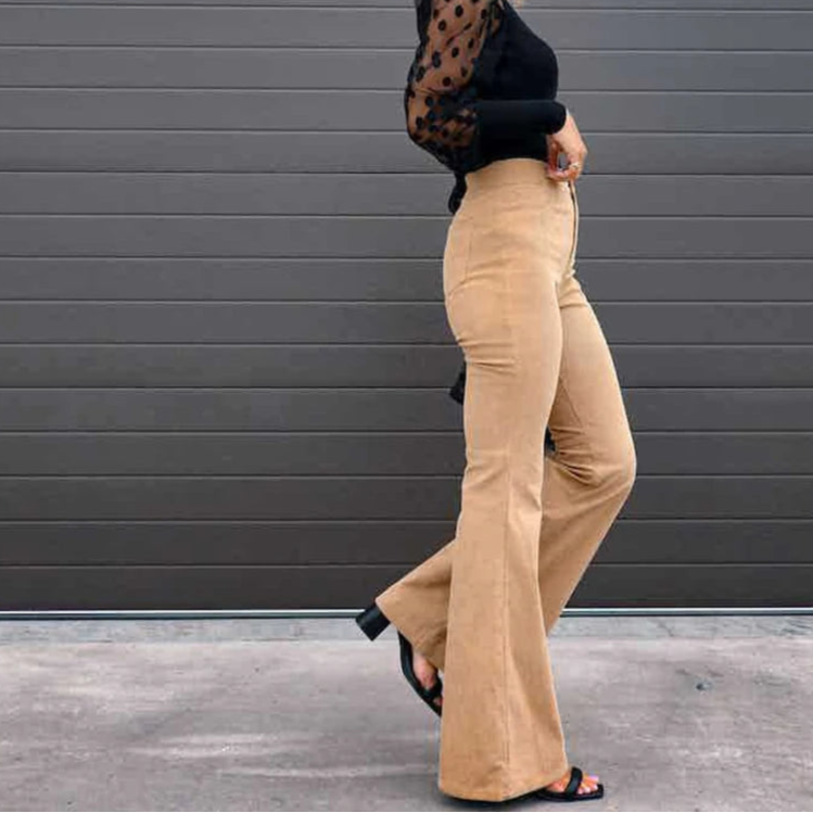 Casual Trousers Autumn Winter Solid High-waist Flare