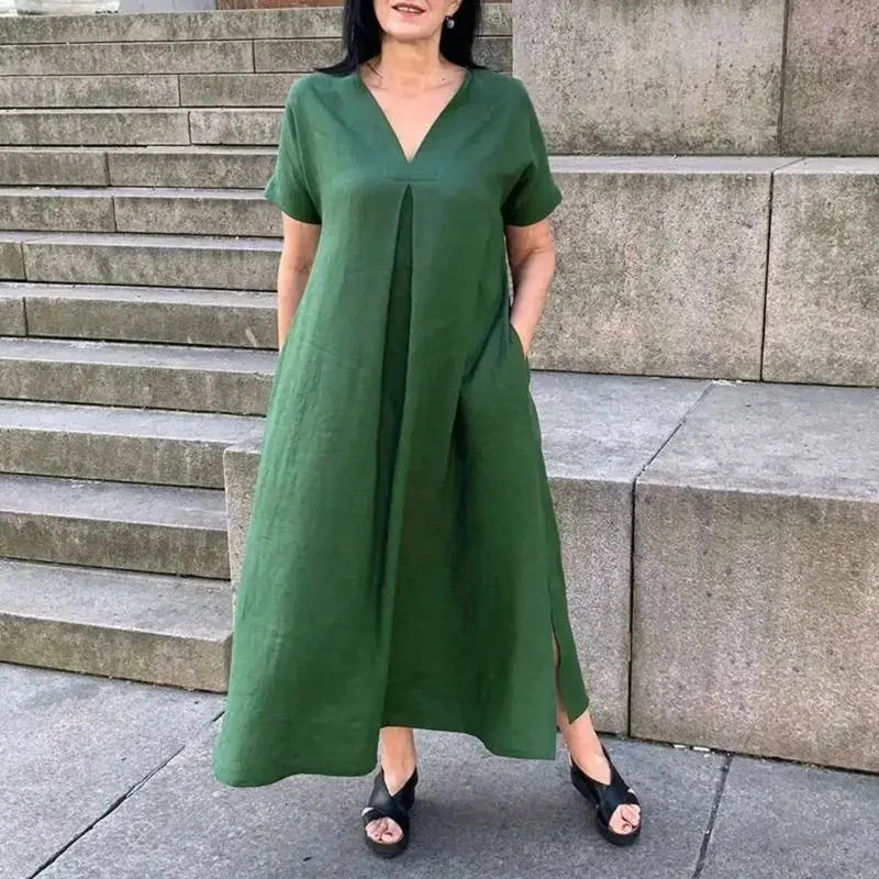 Plus Size Fashion Dress V-neck Solid Color Casual