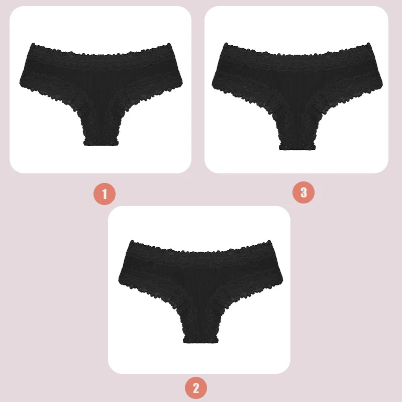 3PCS Lace Seamless Cotton Panties Ribbed Brazilian