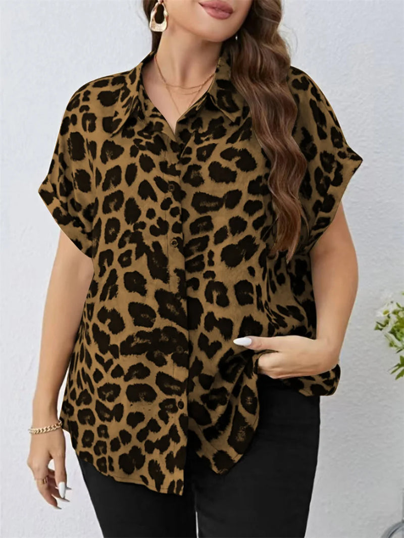 Plus Size Women Short Shirt Leopard Print