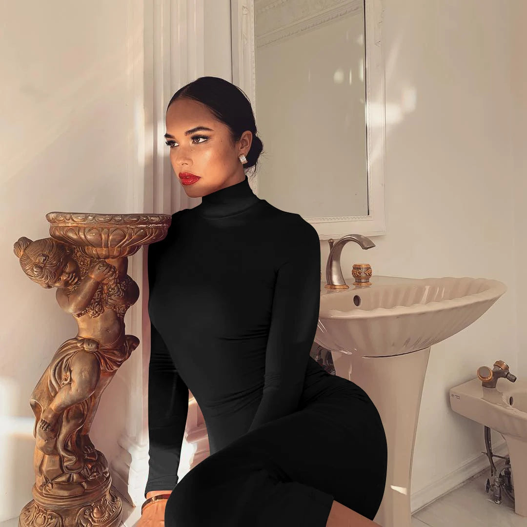 Dresses - Stretch Turtleneck Mid-Calf Dress for Women