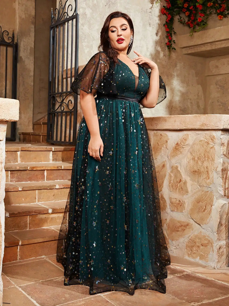 Plus size V-neck sequin embroidered Party dress