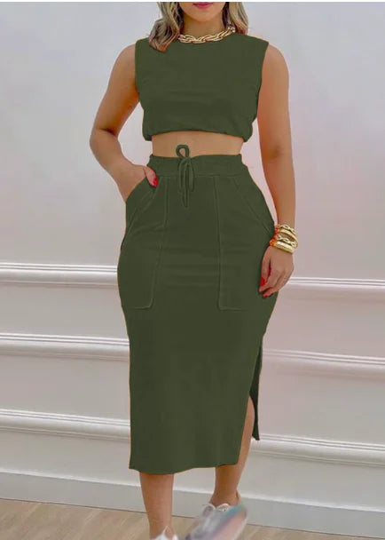 Skirt Set Solid Round Neck Short Sleeveless Top