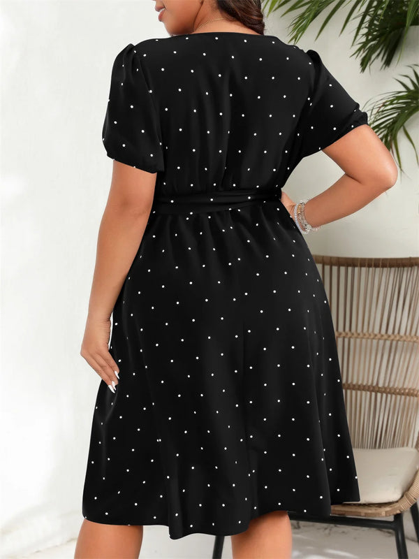 Plus Size Square Neck Polka Dot Belted