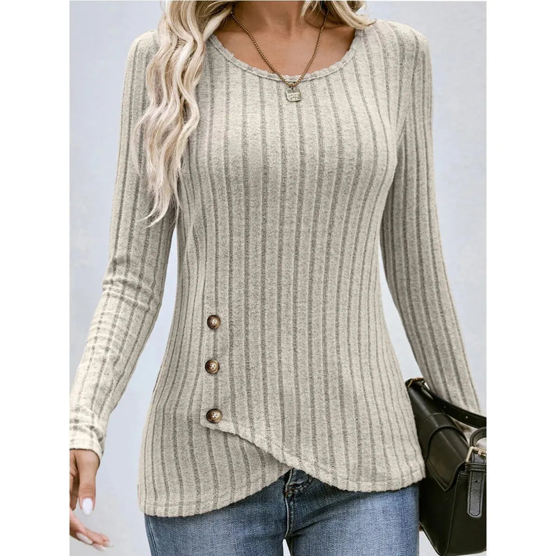 T-shirt Long-sleeved Casual Street Style Buttons Pullover