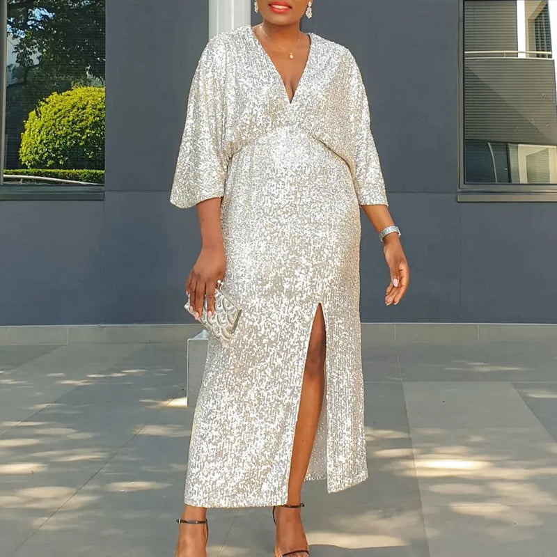 Plus Size Sequined Split Luxury Party Dress