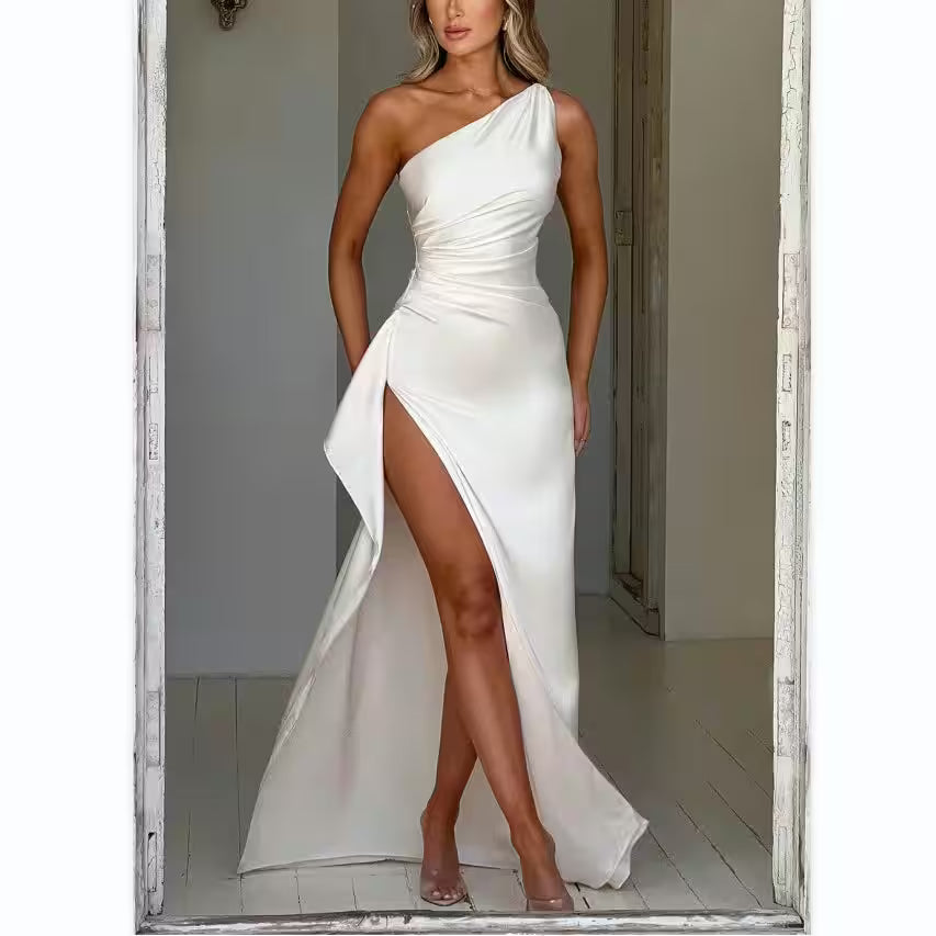 Sexy Slimming Slant Shoulder Split Satin Dress - Women's Fashion - View 14