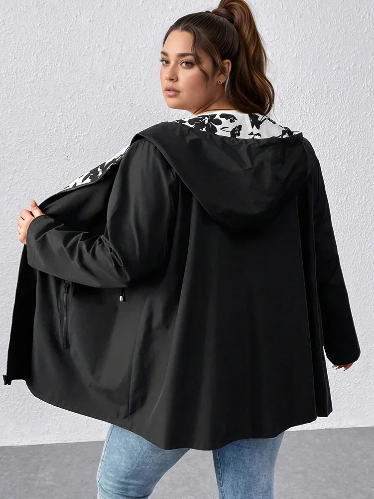 Plus Size Floral Print Hooded Zip Hooded Jacket