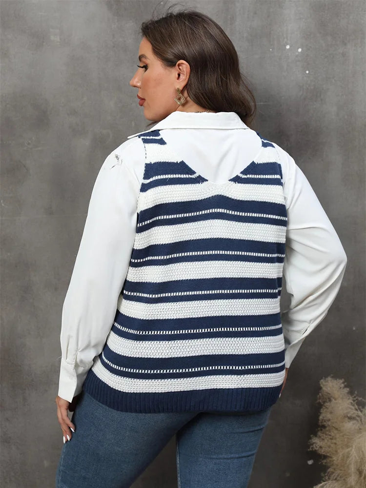Plus Size Striped V Neck Sweater Spring
