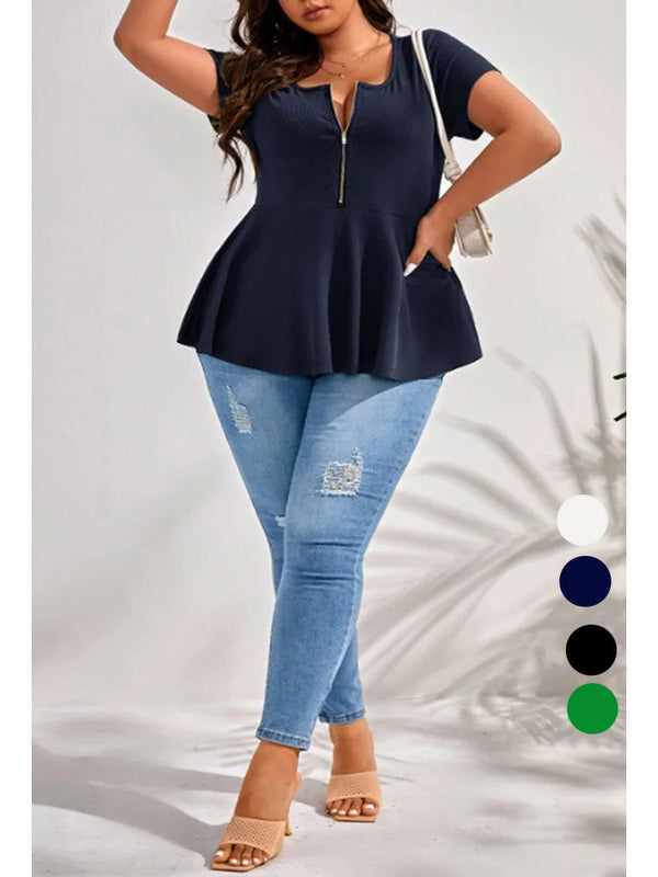 Plus Size Solid Zip Front Peplum Casual T-Shirt Tops