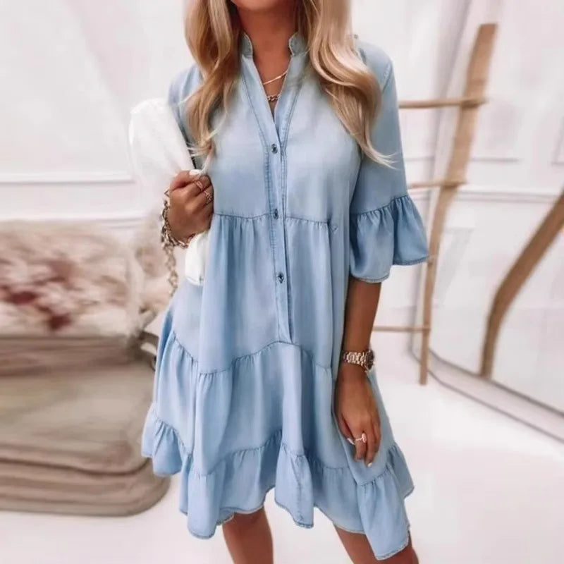 Women's Cotton Mini Dress with Ruffled Half Sleeves - Single