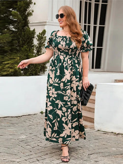 Plus Size Square Collar Dress Floral Print Fashion
