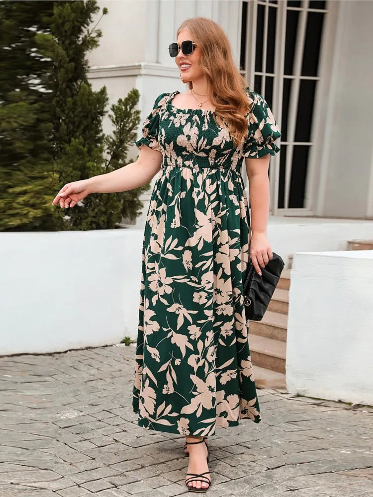 Plus Size Square Collar Dress Floral Print Fashion