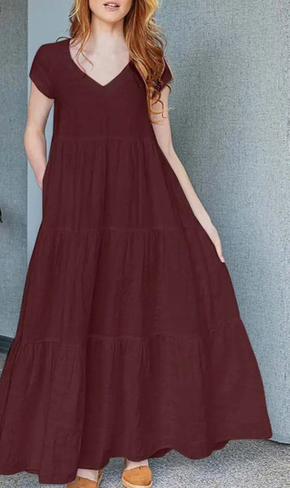 Dress Bohemian Holiday Sundress V Neck Short Sleeve