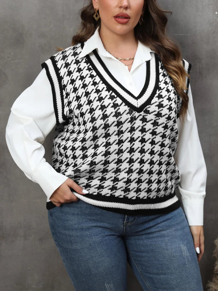 Plus Size Vintage Houndstooth Knitted Sweater Tops