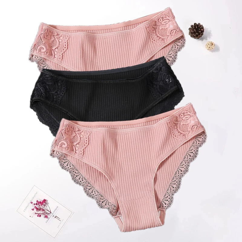 Floral Lace Cotton Panties Underwear Comfortable Lingerie 3PCS/Set