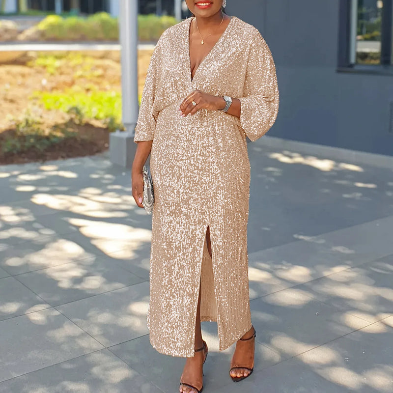 Plus Size Sequined Split Luxury Party Dress