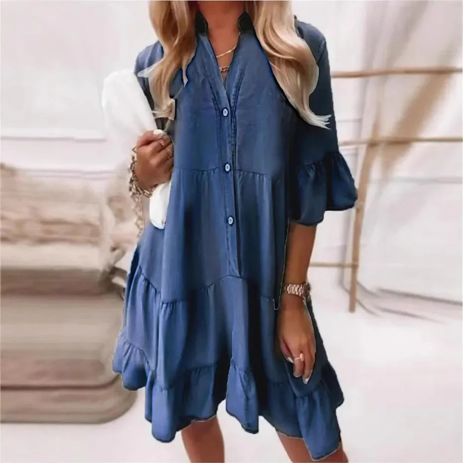 Women's Cotton Mini Dress with Ruffled Half Sleeves - Single