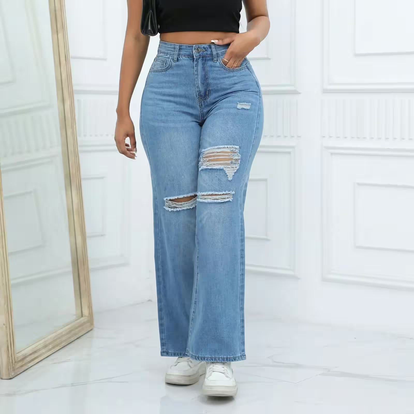 Jeans Draping Straight Leg Stretch Hole - Additional View 3