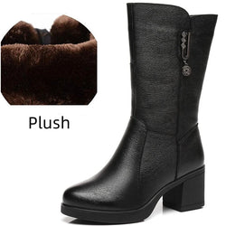 Genuine leather mid calf boots