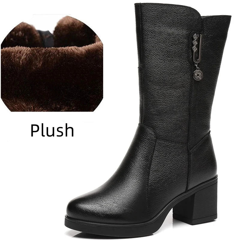 Genuine leather mid calf boots