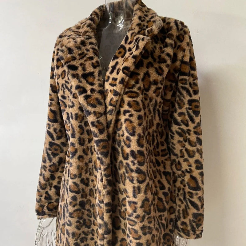 Autumn Winter Leopard Print Faux Fur Coat Long Sleeve