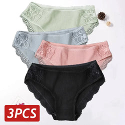 Floral Lace Cotton Panties Underwear Comfortable Lingerie 3PCS/Set