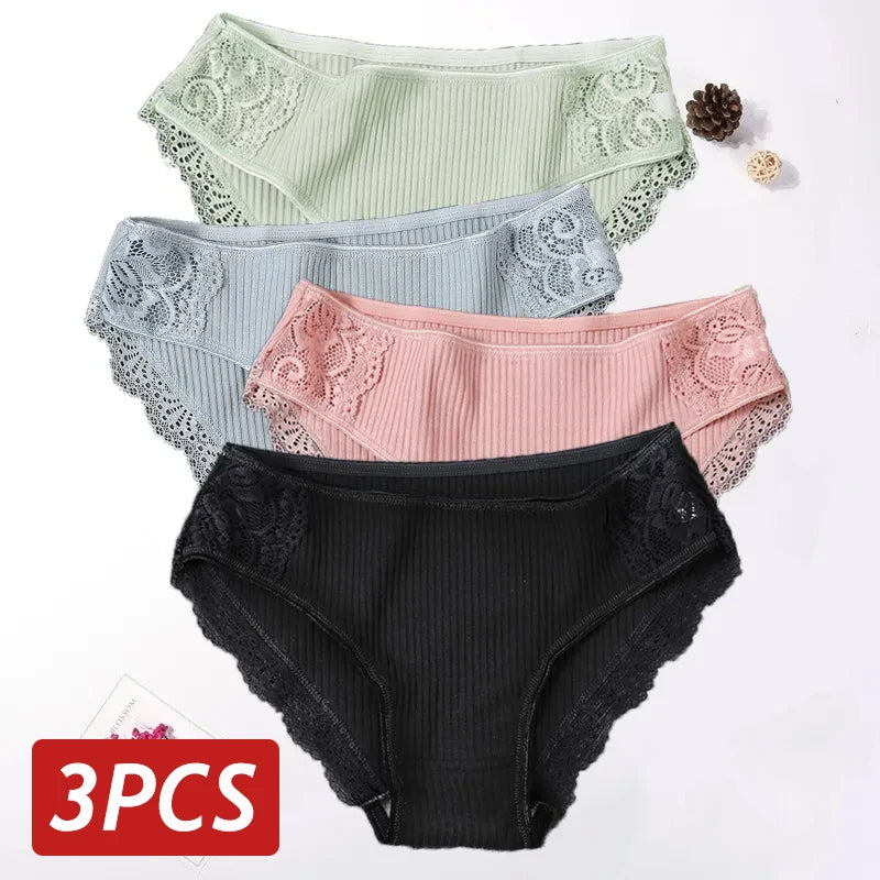 Floral Lace Cotton Panties Underwear Comfortable Lingerie 3PCS/Set