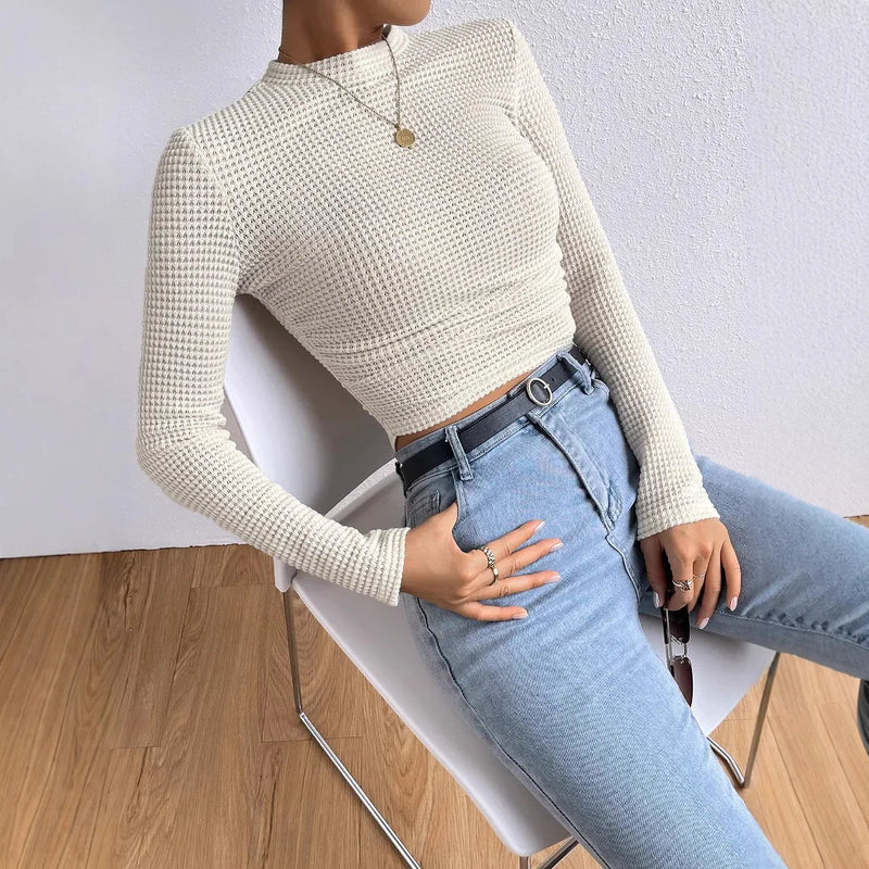 T-shirt Long-sleeved Sexy Slim Round Neck Top Textured