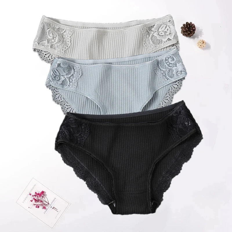 Floral Lace Cotton Panties Underwear Comfortable Lingerie 3PCS/Set