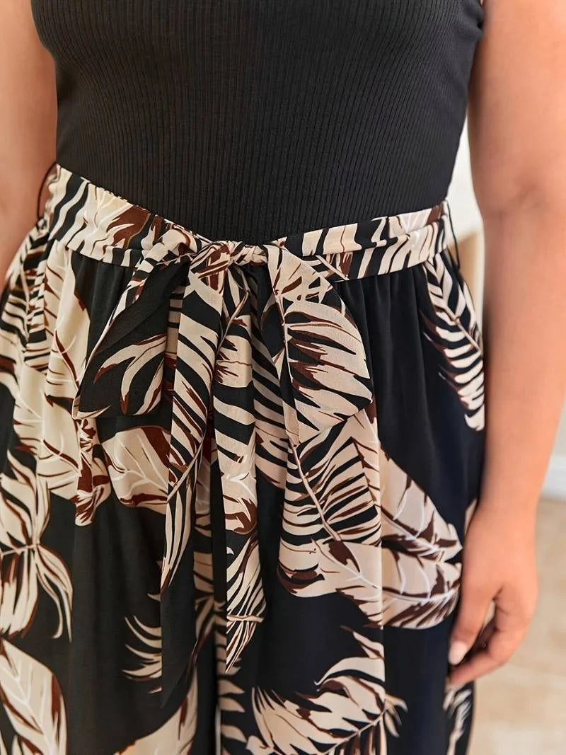 Plus Size Tropical Print Casual Belted Jumpsuit