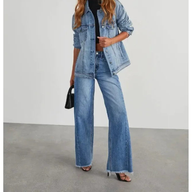Wide Leg Side Seam Stitching Frayed Hem Jeans