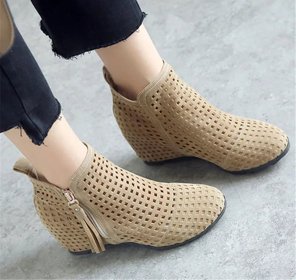 Boots Flat Low Hidden Wedges Cutout Zip