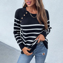 Striped Pullover Shoulder Button Sweater