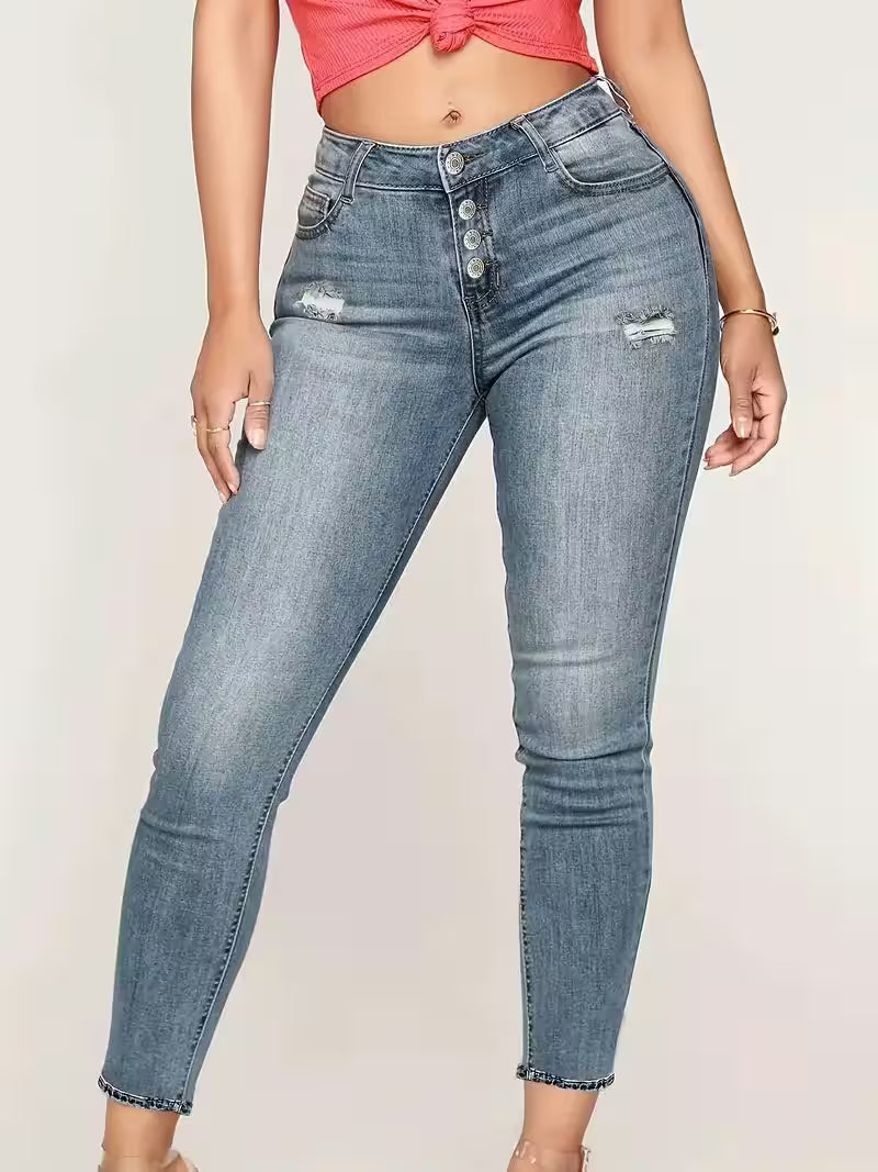 Skinny Stretchy Denim Pants - Solid Color - Additional View 4