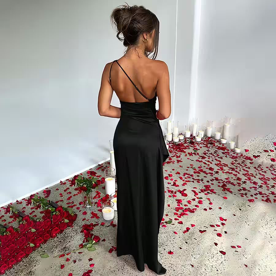 Sexy Slimming Slant Shoulder Split Satin Dress - Women's Fashion - View 9