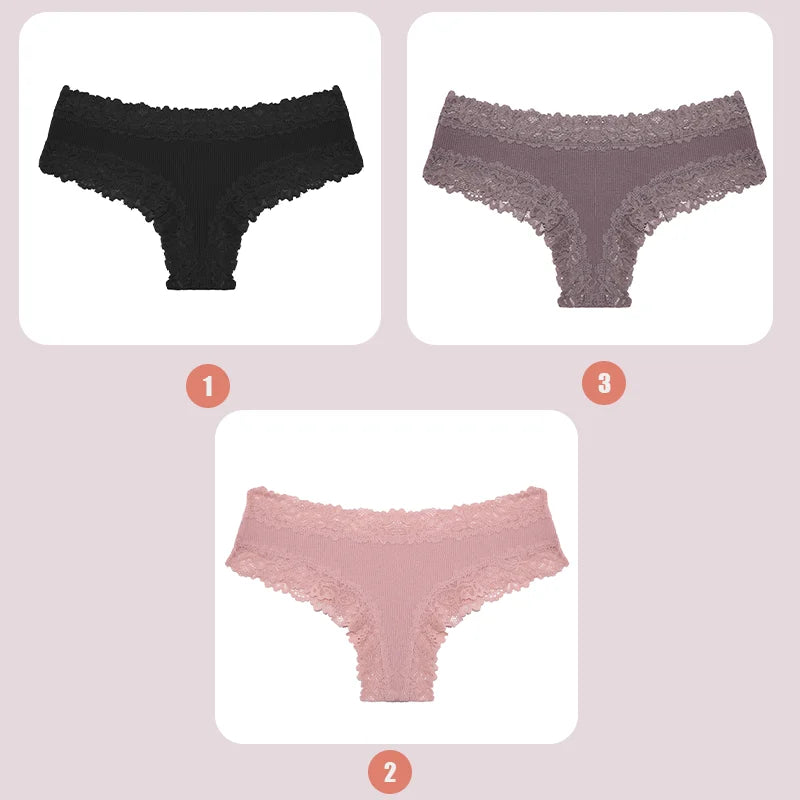 3PCS Lace Seamless Cotton Panties Ribbed Brazilian