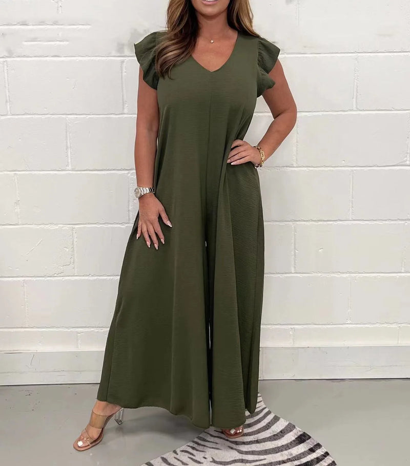 Ruffled Wide-leg Trousers Solid Casual Jumpsuit