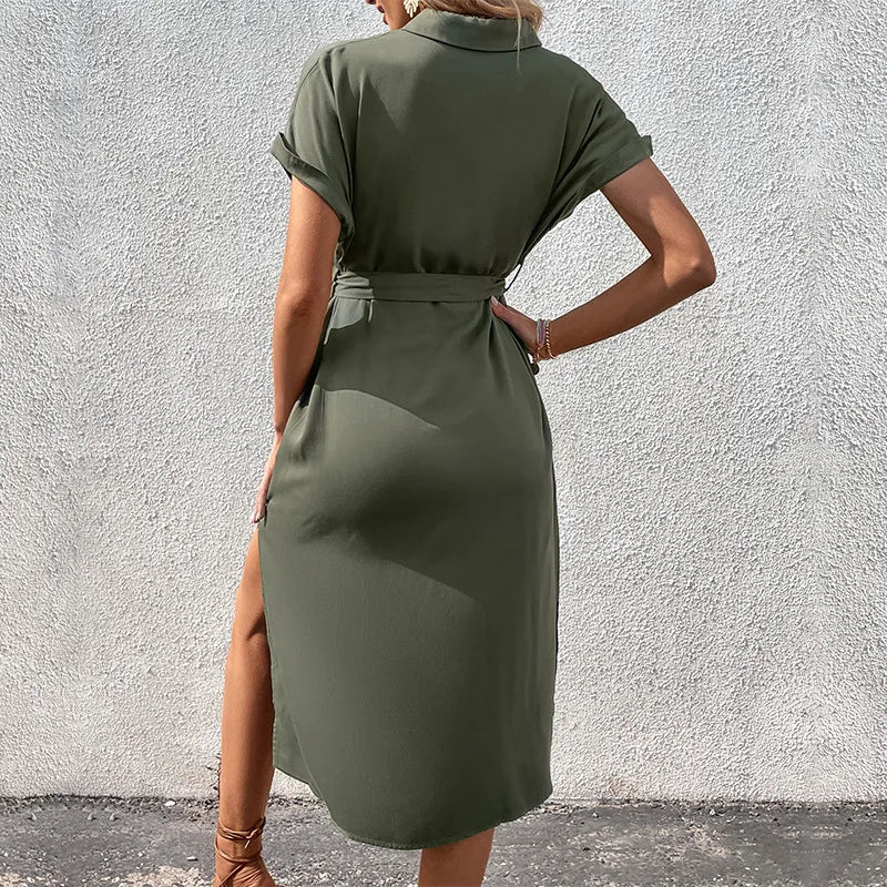 New Style Shirt Lapel Lace Solid Color Dress