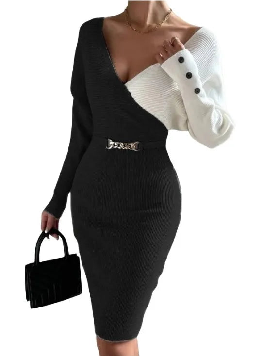 V-neck Splice Fashion Slim Fit Sexy Dress