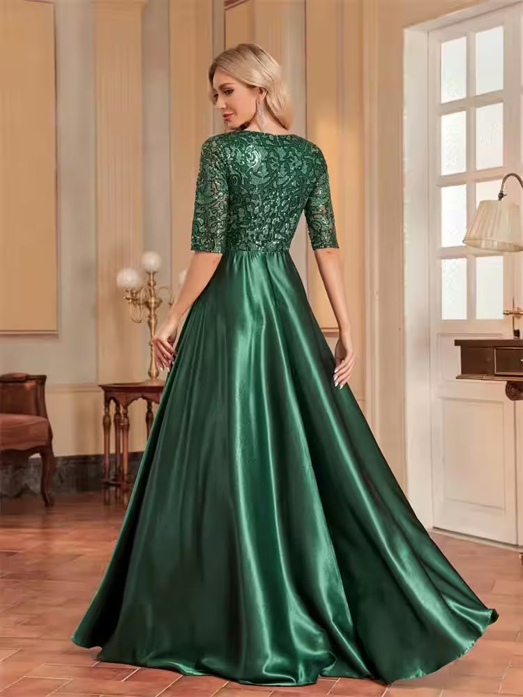 Luxury Short Sleeve Green Satin V-Neck Dress - Additional View 2
