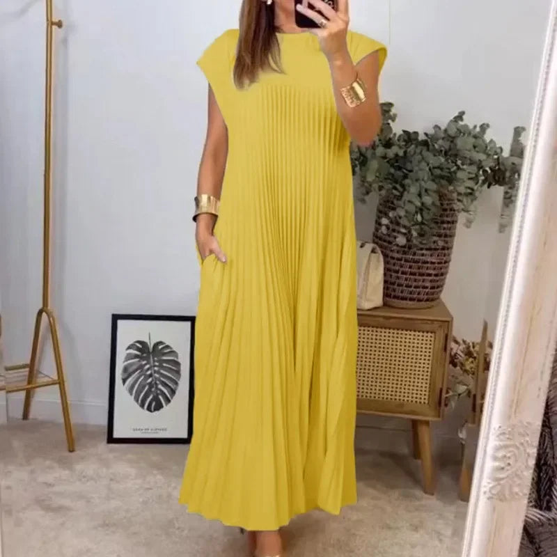 Dress fashion O-Neck Sleeveless Pleated Maxi