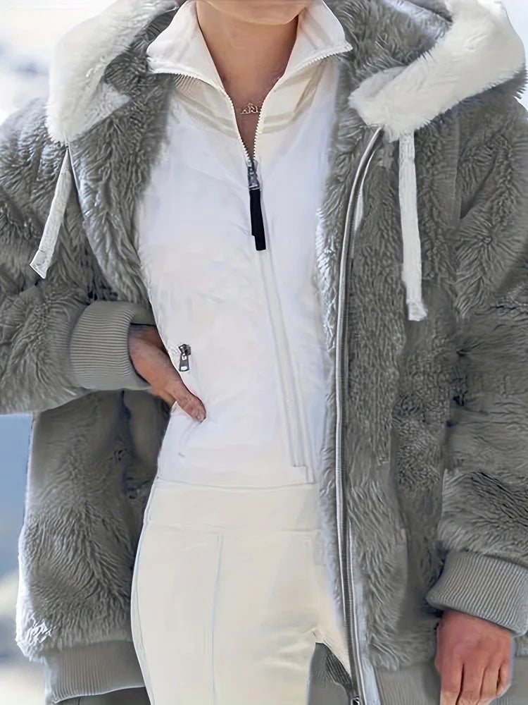 Jacket Plush Zipper Pocket Hooded Long Sleeve