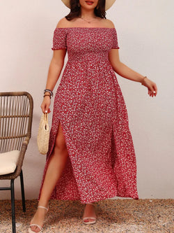 Plus Size Ditsy Floral Print Off Shoulder Dress