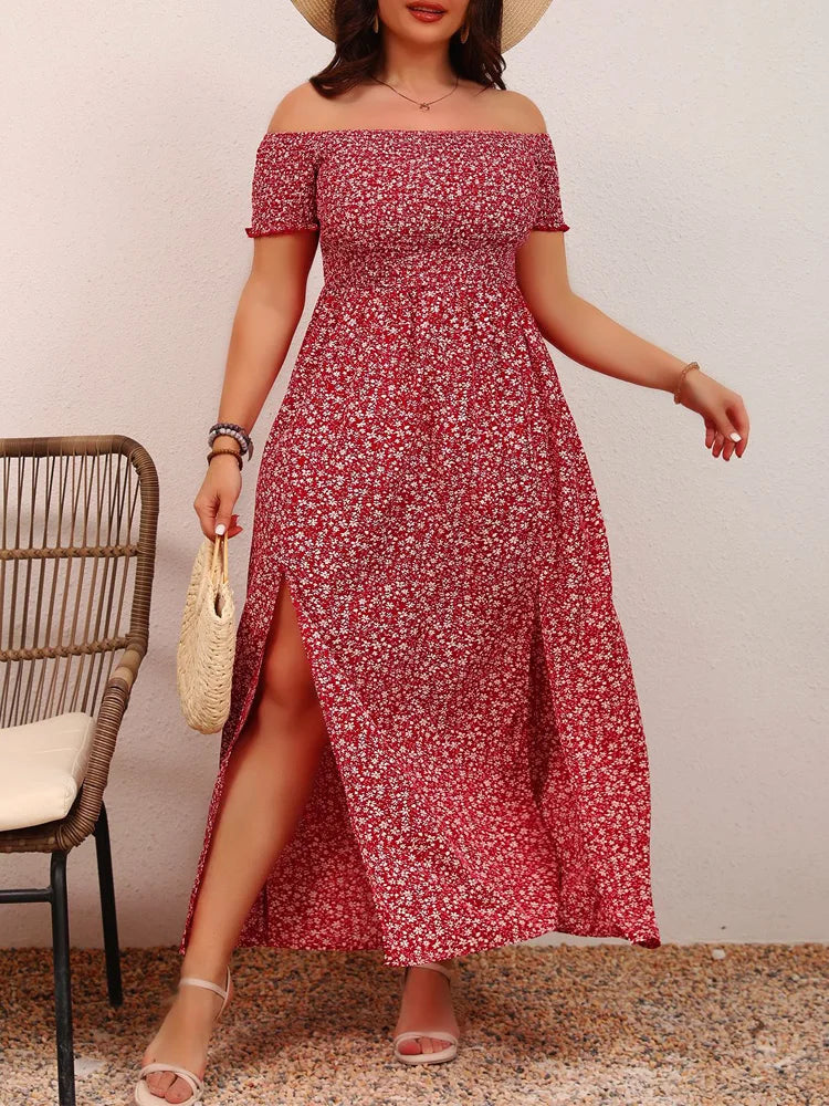 Plus Size Ditsy Floral Print Off Shoulder Dress