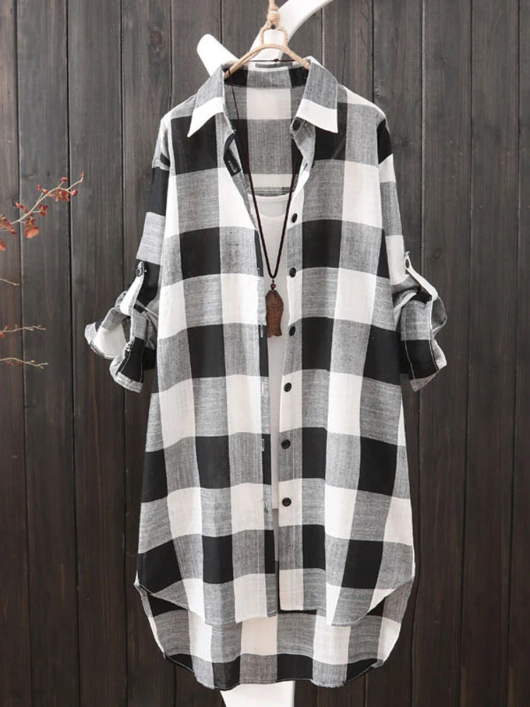 Plus Size Loose Plaid Blouse Cotton Shirt Style Outwear