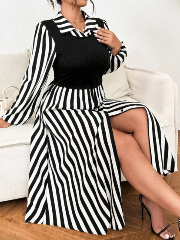 Plus Size Black And White Striped Shirt Dress