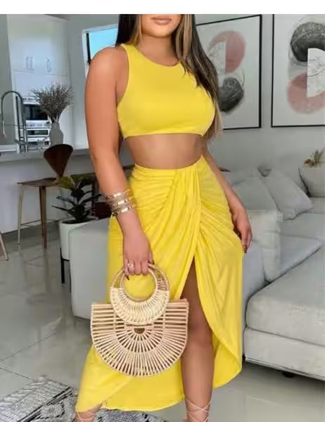 Crop Tank Top & Ruched Asymmetrical Hem Split Skirt Set - Additional View 5
