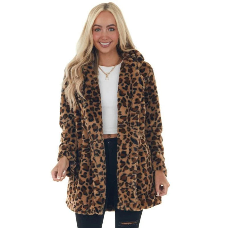 Autumn Winter Leopard Print Faux Fur Coat Long Sleeve